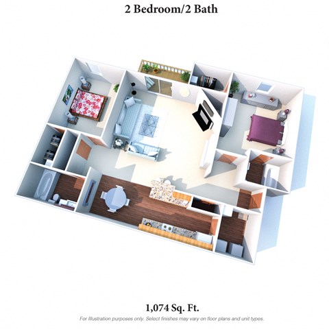 2 bed 2 bath floor plan D at Deercross Apartments, Ohio